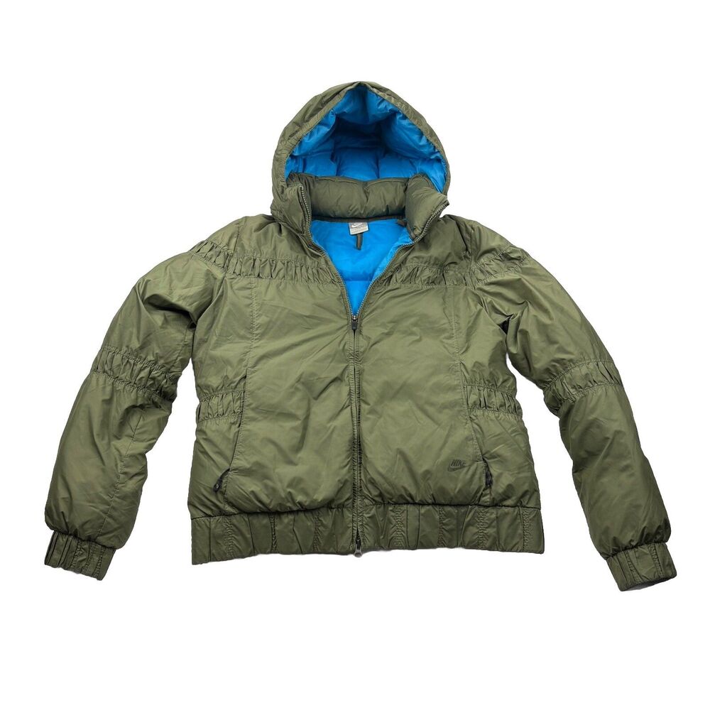 NIKE 550 Kids Teens Hooded Green Nylon Duck Down Puffer Winter Jacket L 12-14